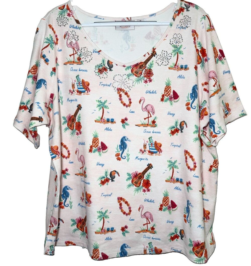 Quacker Factory 1X Tropical Flamingo Rhinestone Top Pink Cotton Vacation